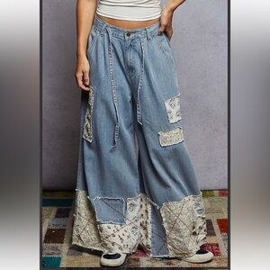 POL Blue Patchwork Wide-Leg Pants